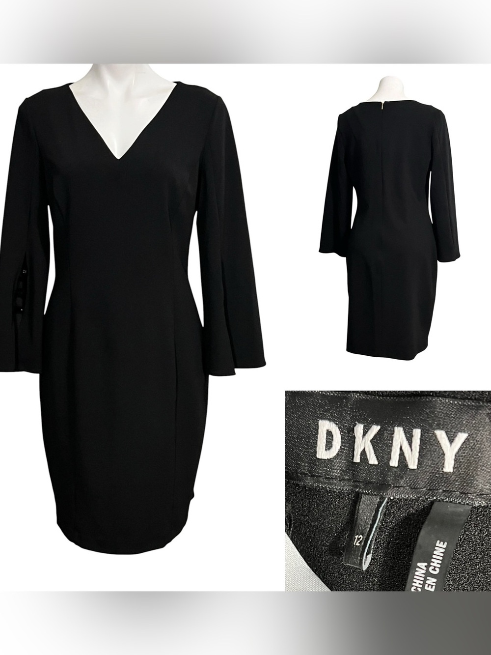 DKNY Sheath Dress 12 Black V-Neck Bell Sleeve knee length stretch office fall